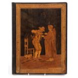 Italian olive wood Sorento wear blotting pad inlaid with a priest and peasant, 38cm x 29cm