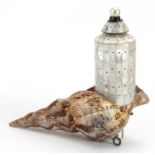 Indian Goa mother of pearl and shell powder flask, 20.5cm in length