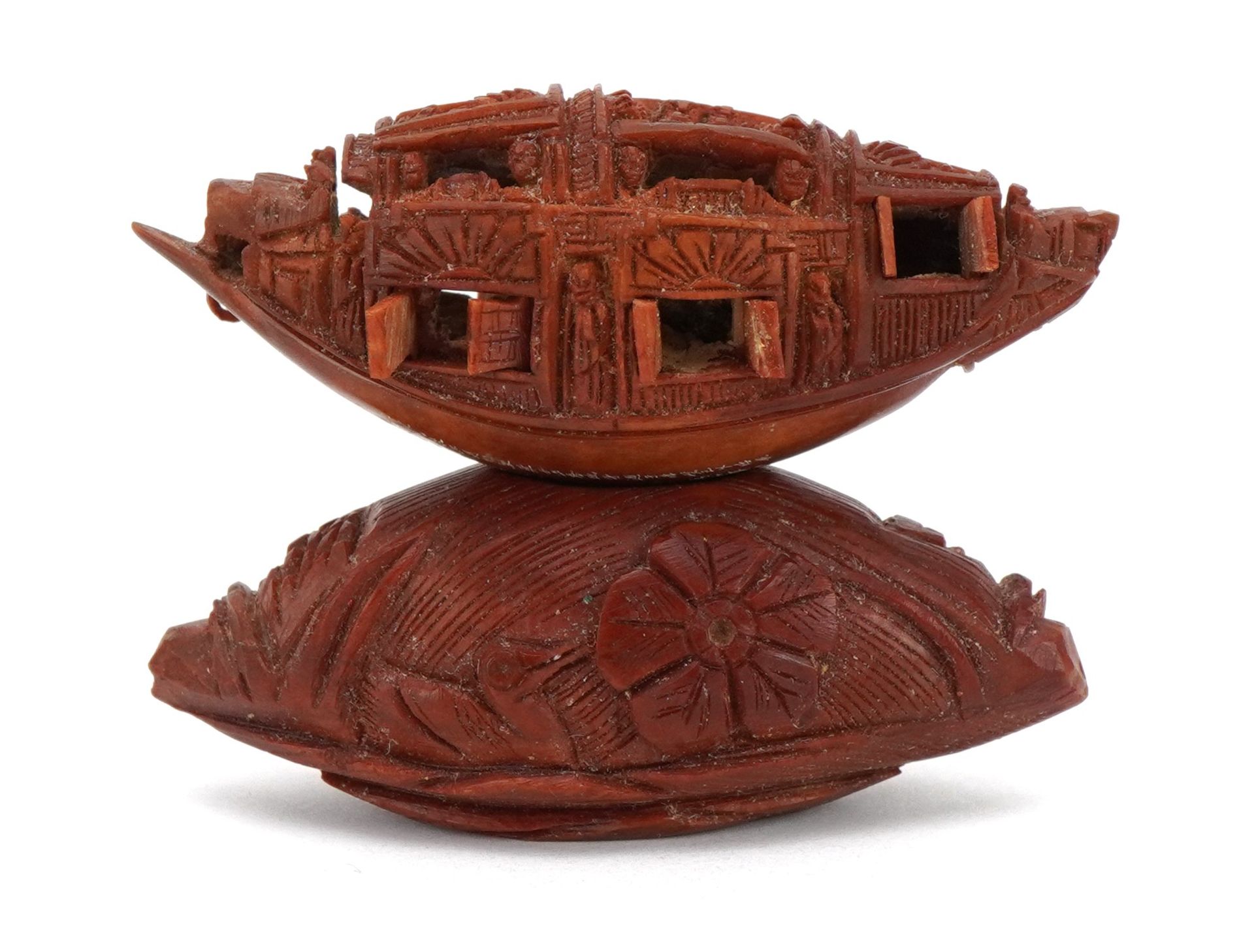 Good Chinese carved coquilla nut junk with opening windows and inscribed poem, raised on a - Image 5 of 9