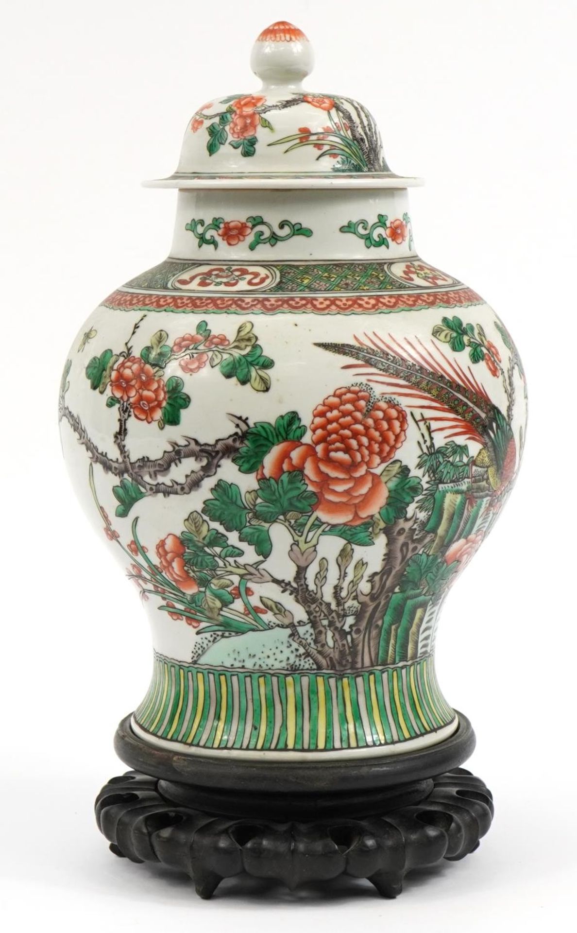 Chinese porcelain baluster vase and cover raised on carved hardwood stand, hand painted in the - Bild 4 aus 8