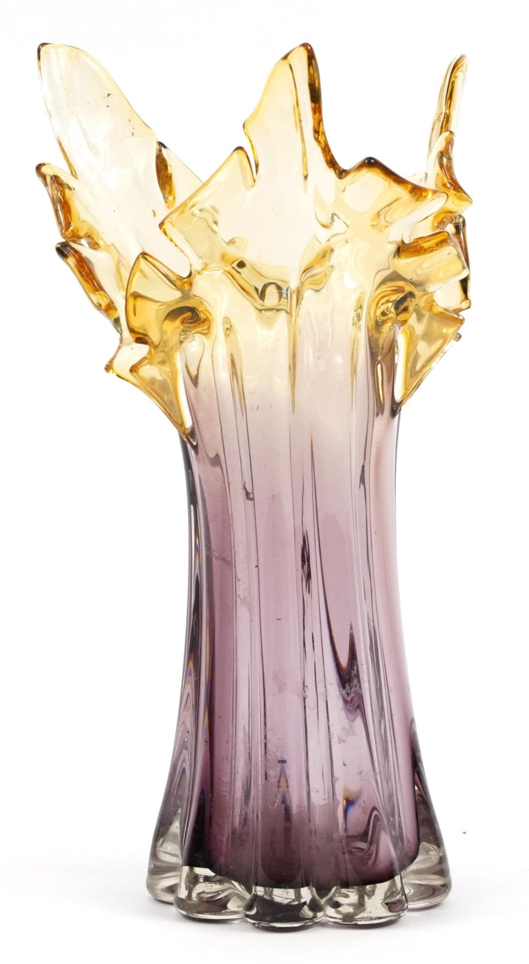 Murano style purple and amber coloured art glass vase, 36cm high