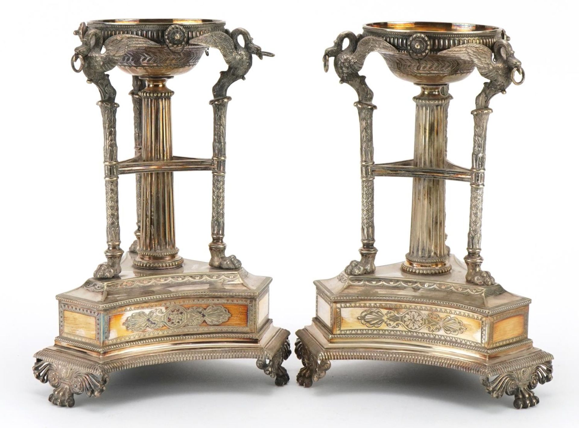 Pair of 19th century Ionic silver plated centrepiece stands with swan and paw supports on triangular