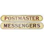 Two enamel signs comprising Postmaster and Messengers, each 46cm x 7cm