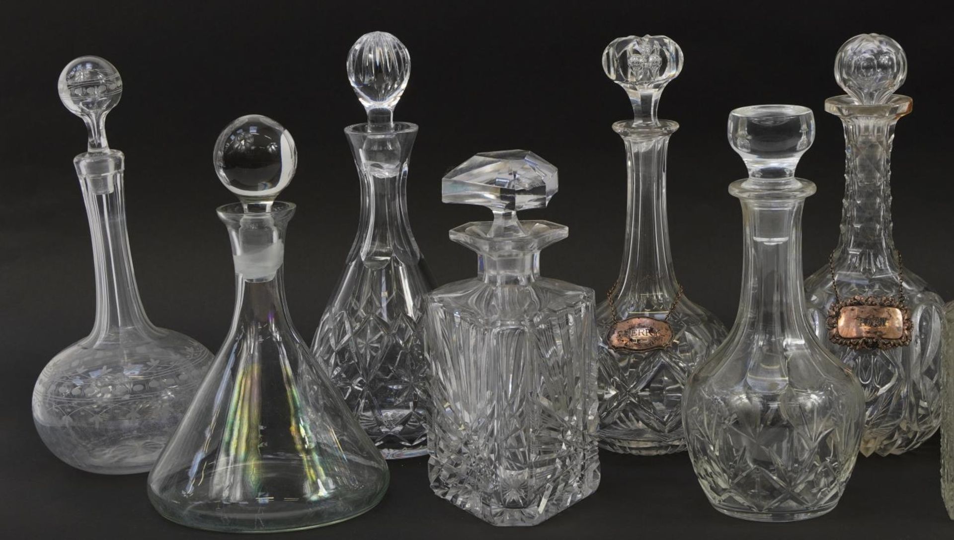 Two silver decanter labels together with twelve glass decanters to include cut and etched examples - Image 2 of 6