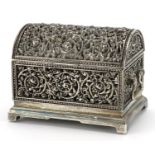 Silver plated jewellery casket in the form of a dome topped treasure chest with twin handles, 9cm