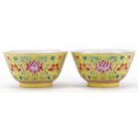 Pair of Chinese porcelain yellow ground bowls hand painted with flowers, four figure character marks