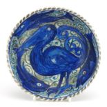 John Pearson, Arts & Crafts pottery lustre bowl hand painted with a stylised pelican, fish and boat,