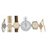 Five vintage and later ladies and gentlemen's wristwatches including Ingersoll, Allenby, Avia and