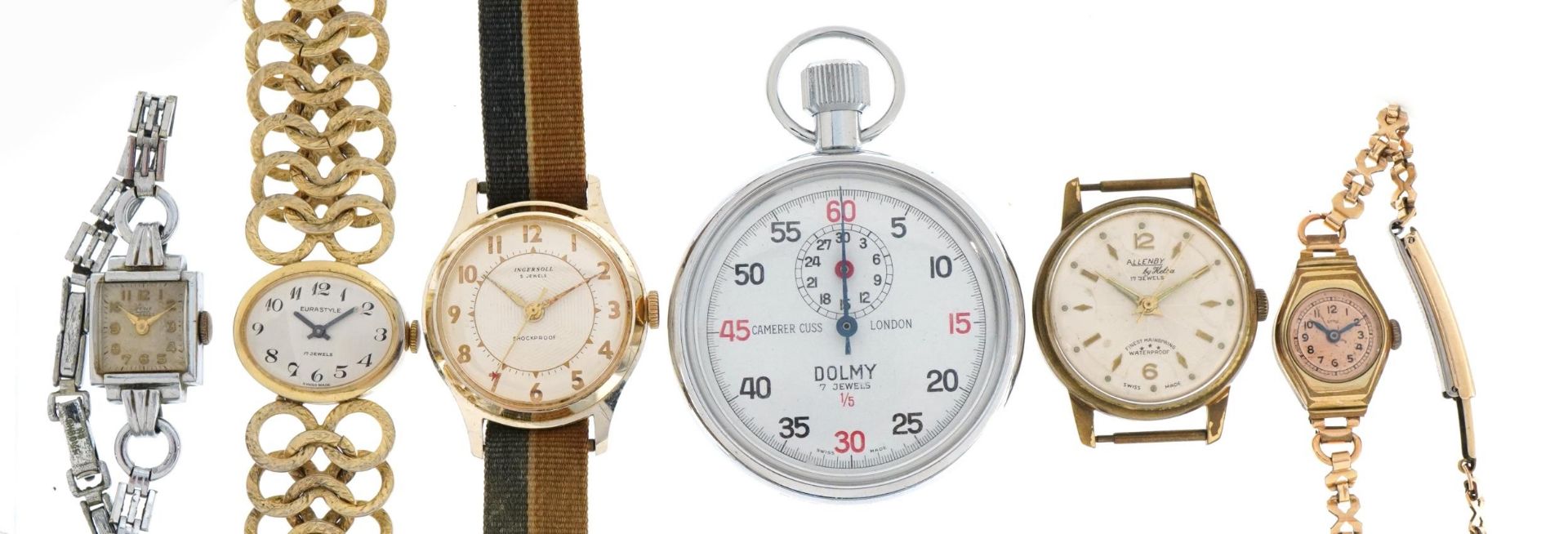 Five vintage and later ladies and gentlemen's wristwatches including Ingersoll, Allenby, Avia and