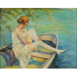 Seated female in a rowing boat, British school oil, framed and glazed, 58cm x 46cm excluding the