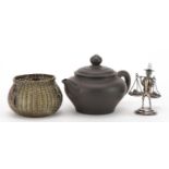 Chinese and Japanese objects including a Yixing terracotta teapot, sterling silver model of a market