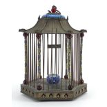Chinese white metal and Champleve enamel hanging birdcage, 27cm high