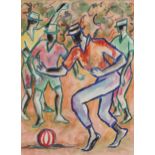 Figures playing football, African school gouache and watercolour on paper, mounted, framed and