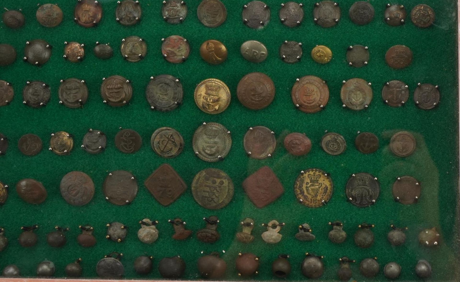 Good collection of antique naval buttons arranged in a glazed display case, the largest - Image 7 of 8