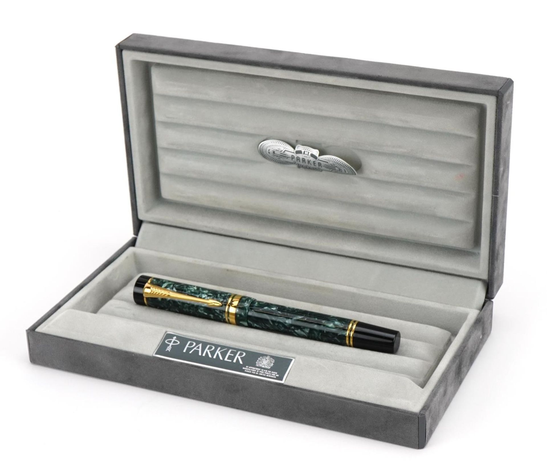 Parker Duofold green marbleised fountain pen with 18k gold nib and case - Image 5 of 6