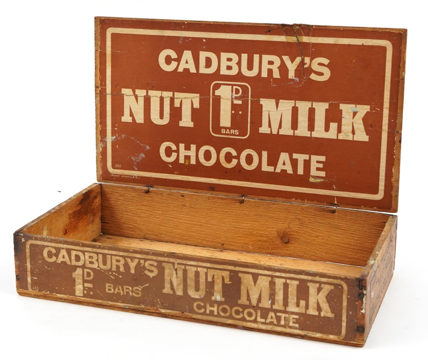 Cadbury's Nut Milk Chocolate advertising pine box with lid, 8cm H x 38.5cm W x 21.5cm D