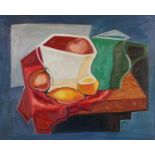 After Vanessa Bell - Abstract composition, still life fruit and vessels, oil on board, framed,