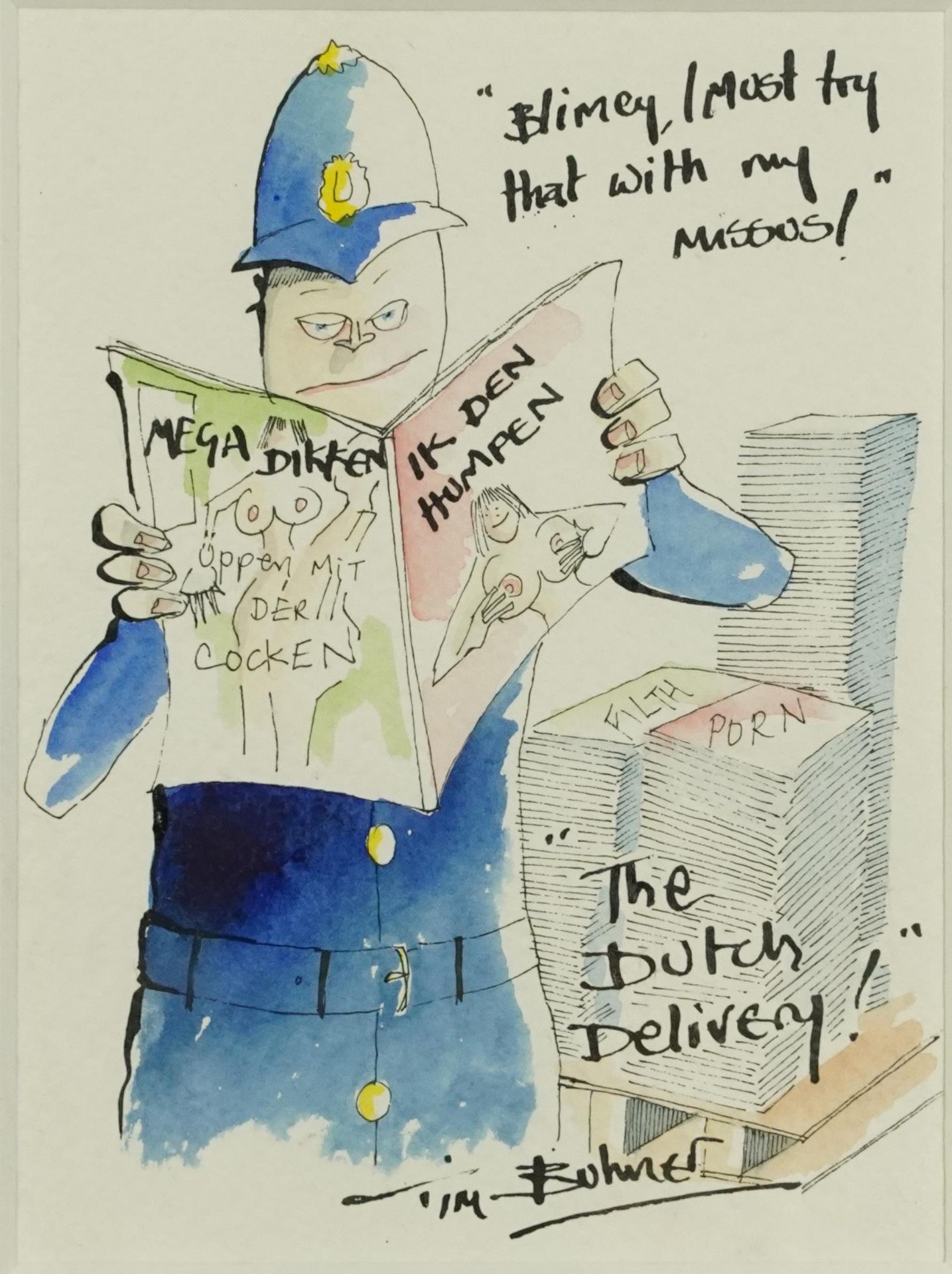 Tim Buhner - The Dutch Delivery, comical cartoon ink illustration, mounted, framed and glazed,