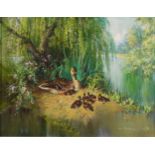 Vernon Ward - Summer Babies, ducks with ducklings, oil on canvas, inscriptions and Beckstones