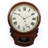 19th century mahogany drop dial fusee wall clock with brass inlay and circular dial having painted