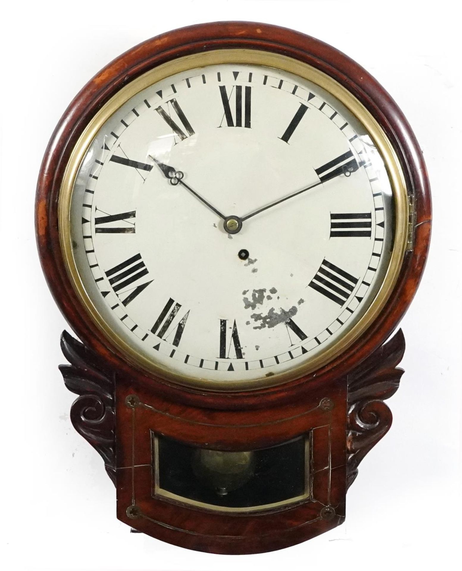 19th century mahogany drop dial fusee wall clock with brass inlay and circular dial having painted