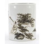 Chinese porcelain en grisaille brush pot hand painted with figures in a landscape, 13.5cm high