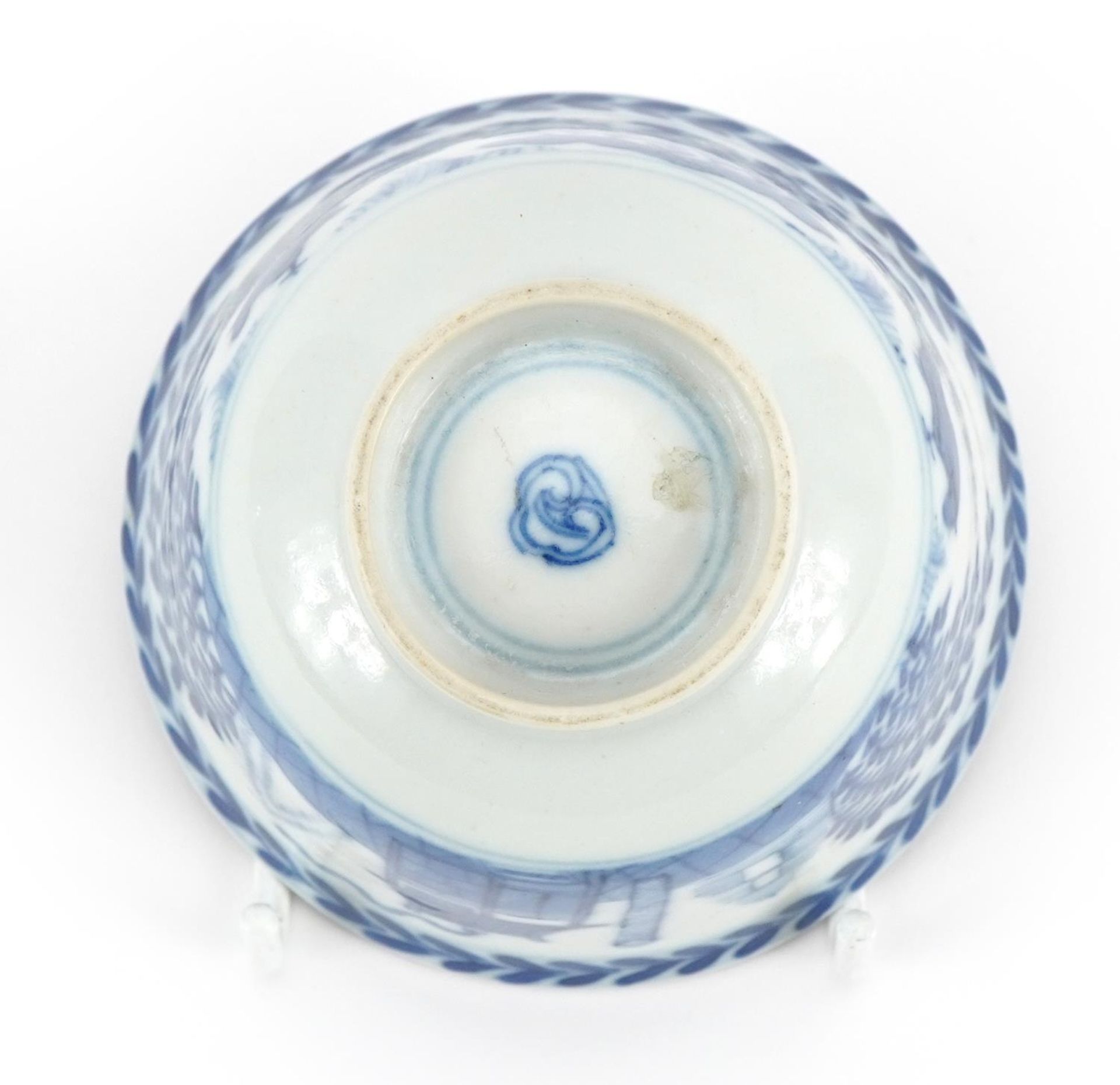 Chinese blue and white porcelain tea bowl finely hand painted with kilns, quail and fish, Kangxi - Image 4 of 4
