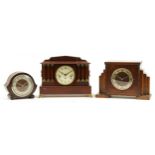 Three Art Deco and later mantle clocks including an oak stepped Westminster chiming example striking