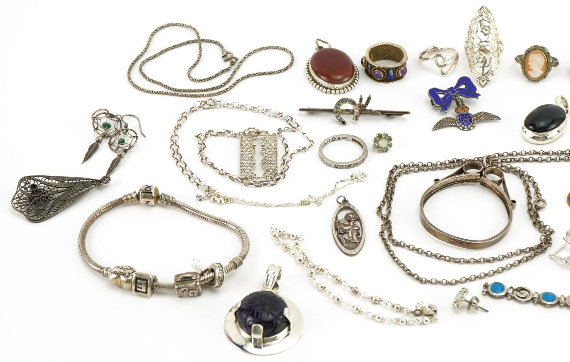 Silver and white metal jewellery including rings, Royal Air Force bow brooch and pendants, total - Image 2 of 3