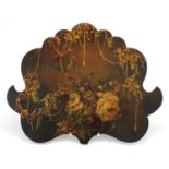 Regency lacquered pole screen hand painted with a bird amongst flowers and swags, 45cm wide