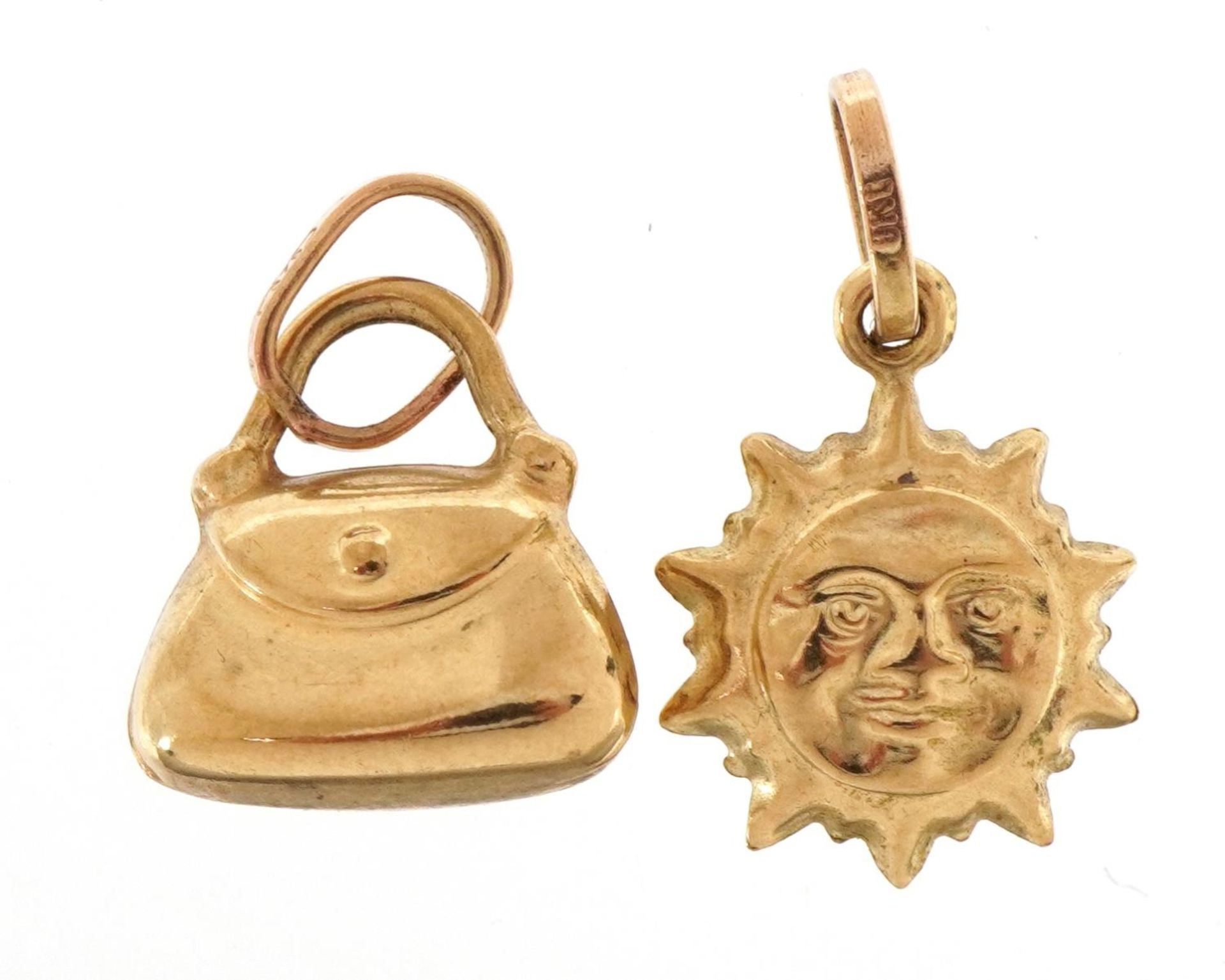 Two 9ct gold charms comprising handbag and sun, the largest 1.4cm high, 1.2g - Image 2 of 3