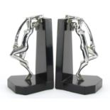 Pair of Art Deco chrome plated and ebonised bookends in the form of nude female dancers, each 21.5cm