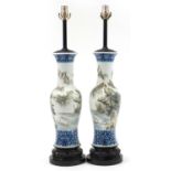 Pair of Chinese porcelain baluster vase table lamps hand painted with figures and buildings