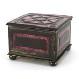 Tiffany Furnaces, French Art Deco bronzed metal and enamel four footed jewel casket, impressed Louis