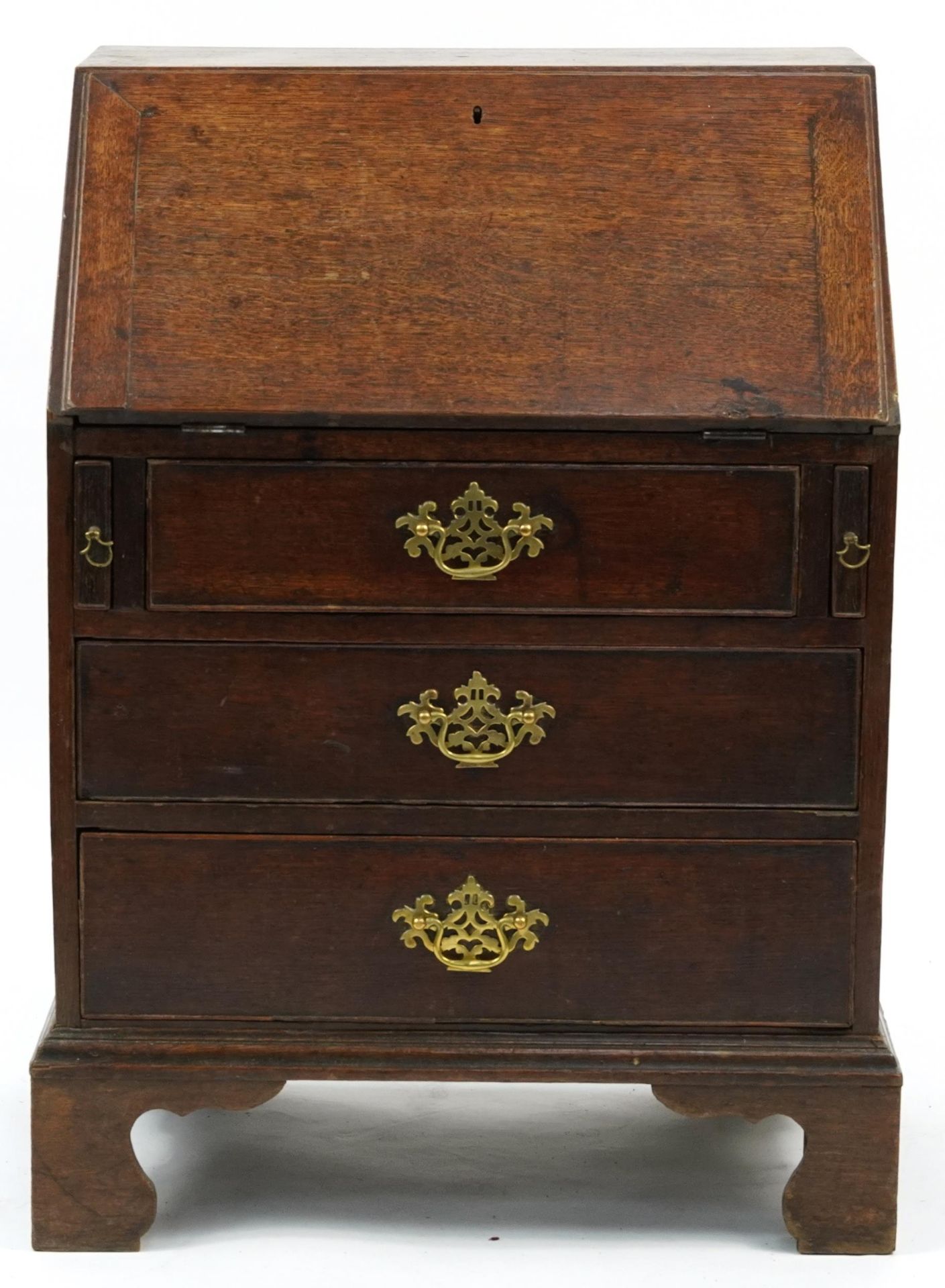 George III oak child's bureau with fitted interior and brass handles, 87cm H x 62cm W x 44cm D