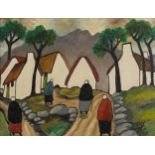 Manner of Markey Robinson - Village life, Irish school oil on canvas board, mounted and framed, 42.