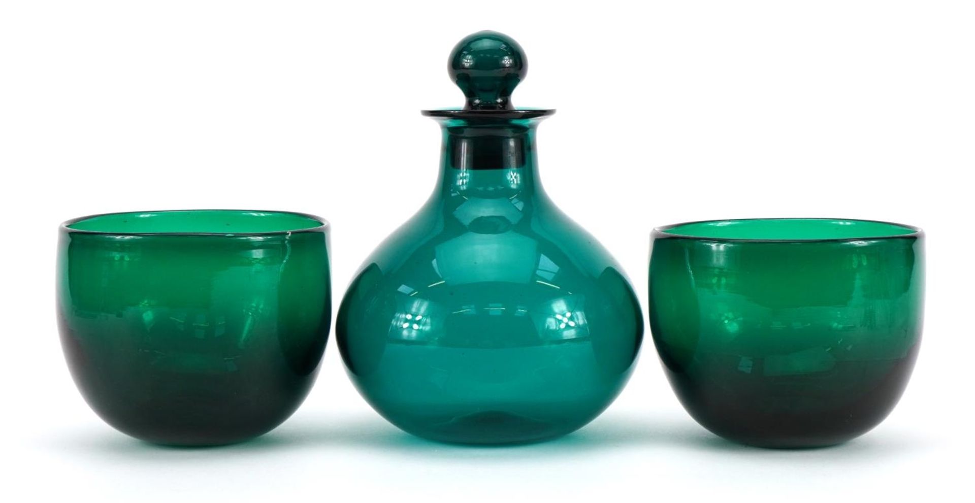 Green glass scent bottle with stopper and a pair of green glass bowls, the largest 17.5cm high - Image 2 of 3