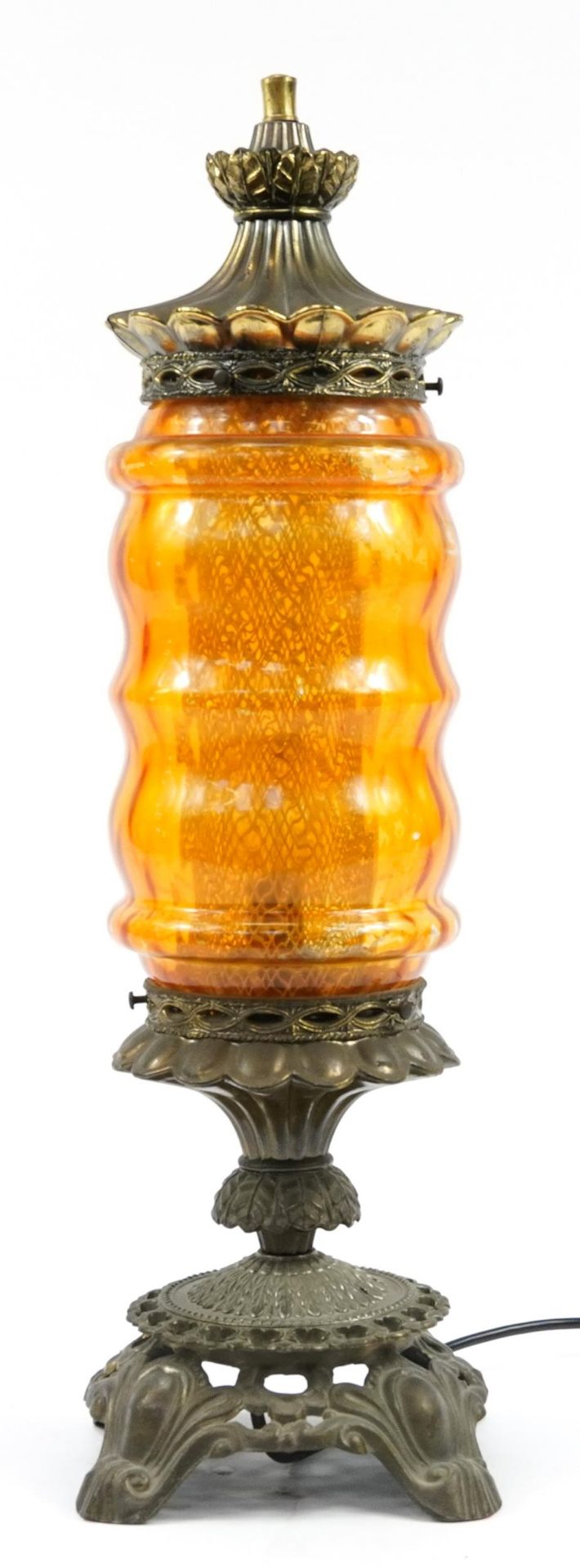 Ornate brass and orange coloured glass lamp, 60.5cm high