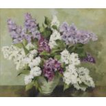 Joan Hadfield - Still life flowers in a vase, oil on canvas, Winsor & Newton stamp verso, mounted