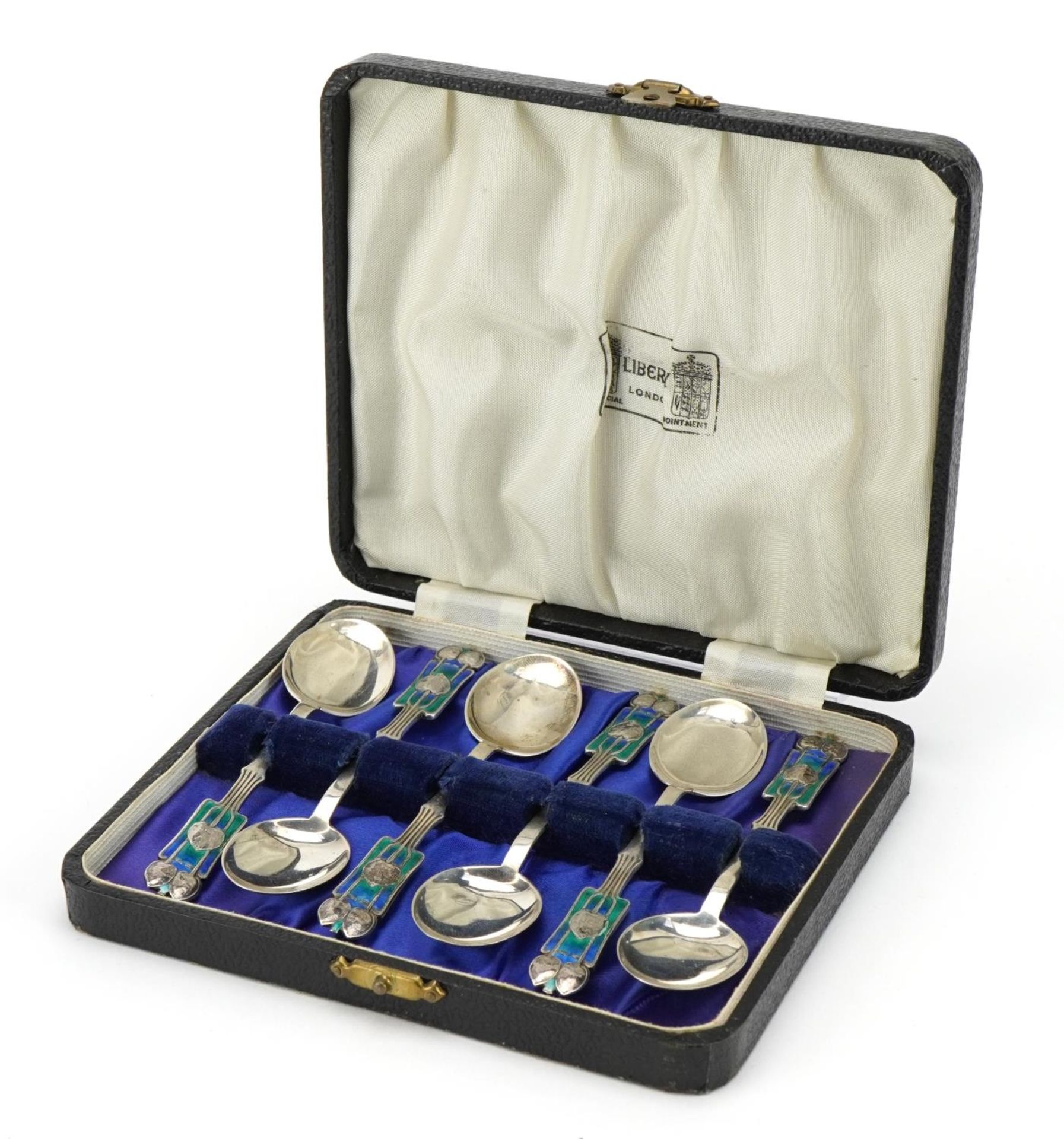 Archibald Knox for Liberty & Co, set of six Art Nouveau silver and enamel teaspoons with velvet