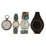Watches and accessories comprising two wristwatches with sterling silver mounted straps set with