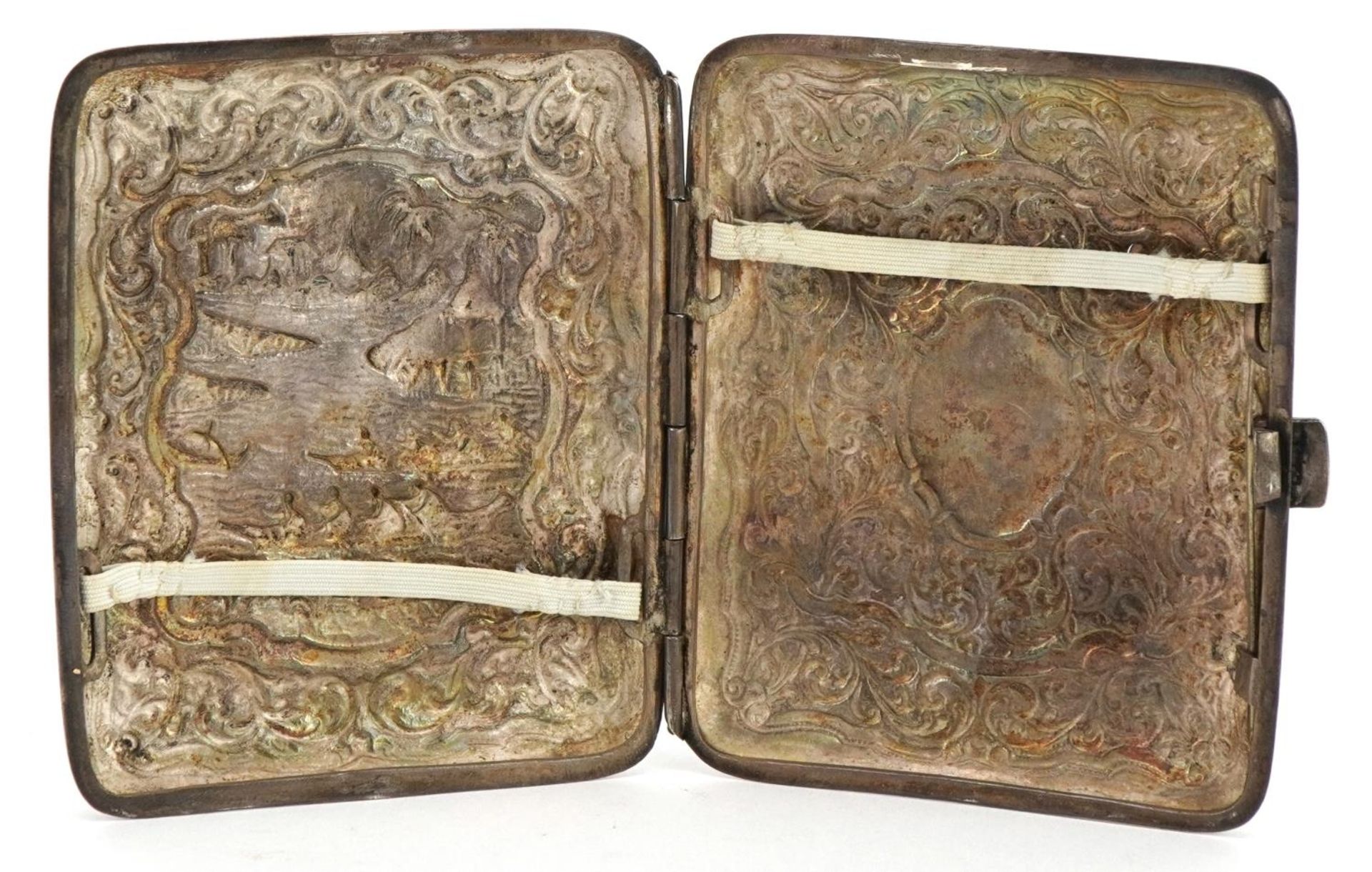 Unmarked Chinese rectangular silver cigarette case embossed with figures in rowing boats and - Image 2 of 3