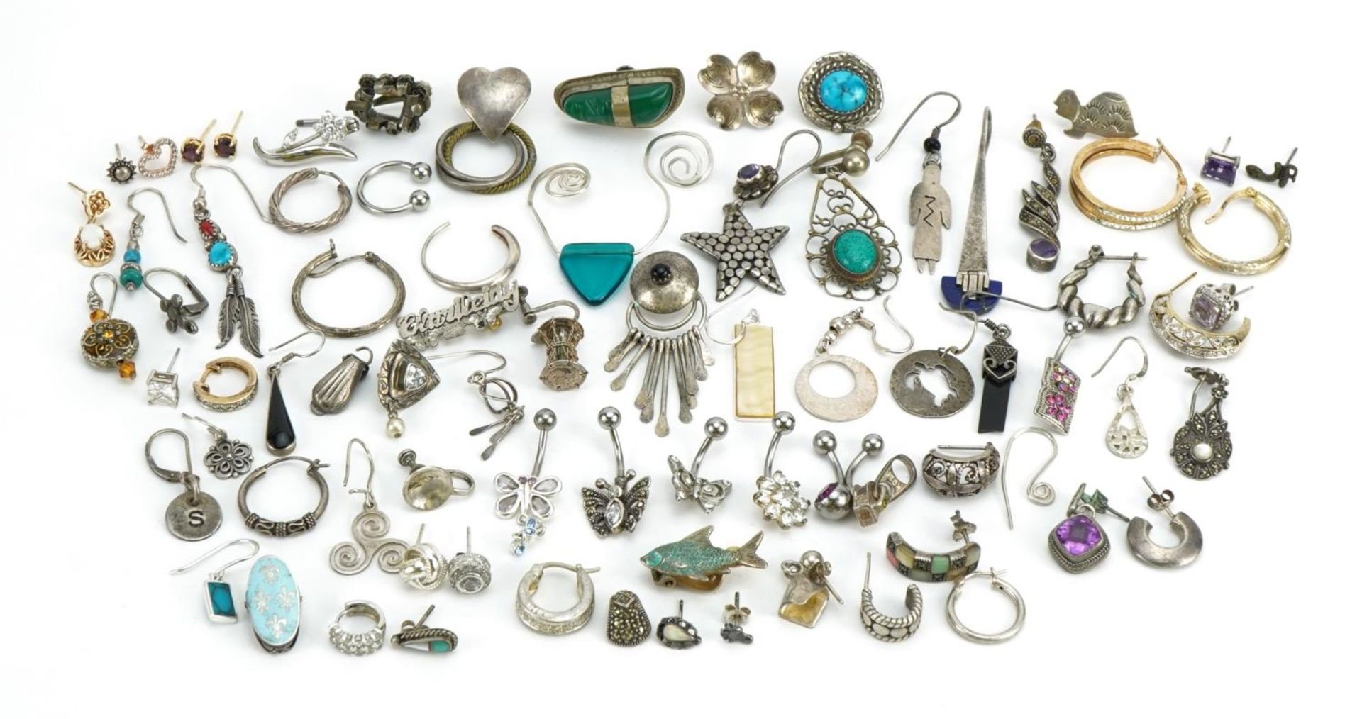 Vintage and later silver and white metal jewellery including earrings, pendants and blue enamel