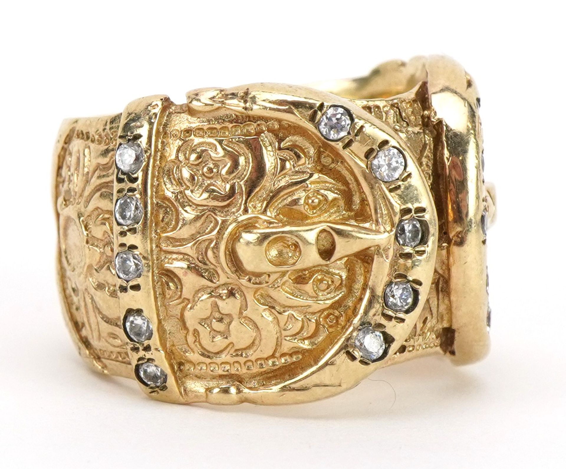 Heavy gentlemen's 9ct gold double buckle ring set with clear stones, size U, 25.0g - Image 3 of 6