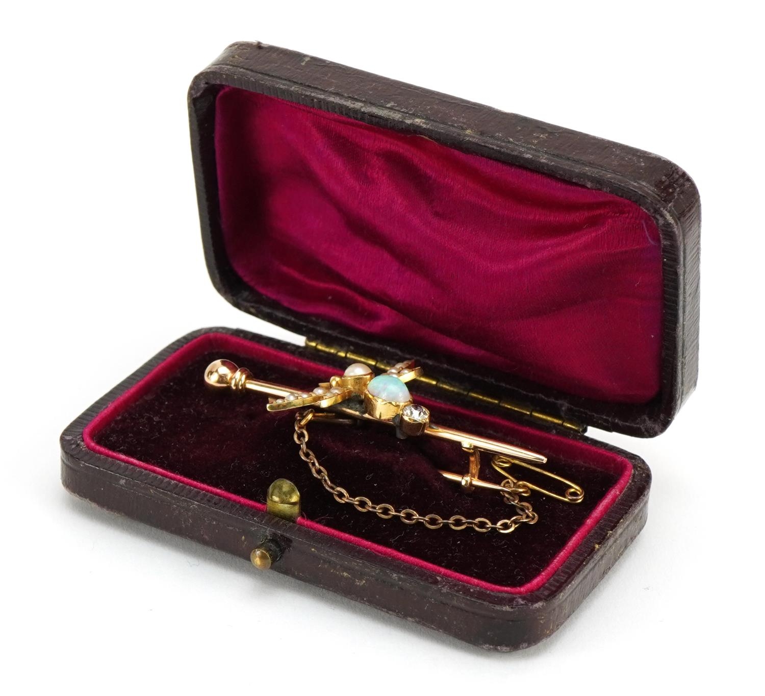 Unmarked gold cabochon opal, diamond and pearl dragonfly brooch housed in a fitted leather box, - Image 3 of 4