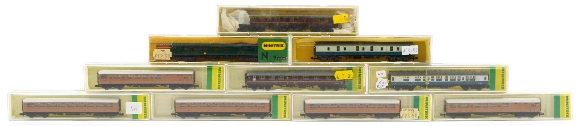 Ten Minitrix N gauge model railway carriages with cases, numbers 2926, 2938, 3112, 13003, 13008,