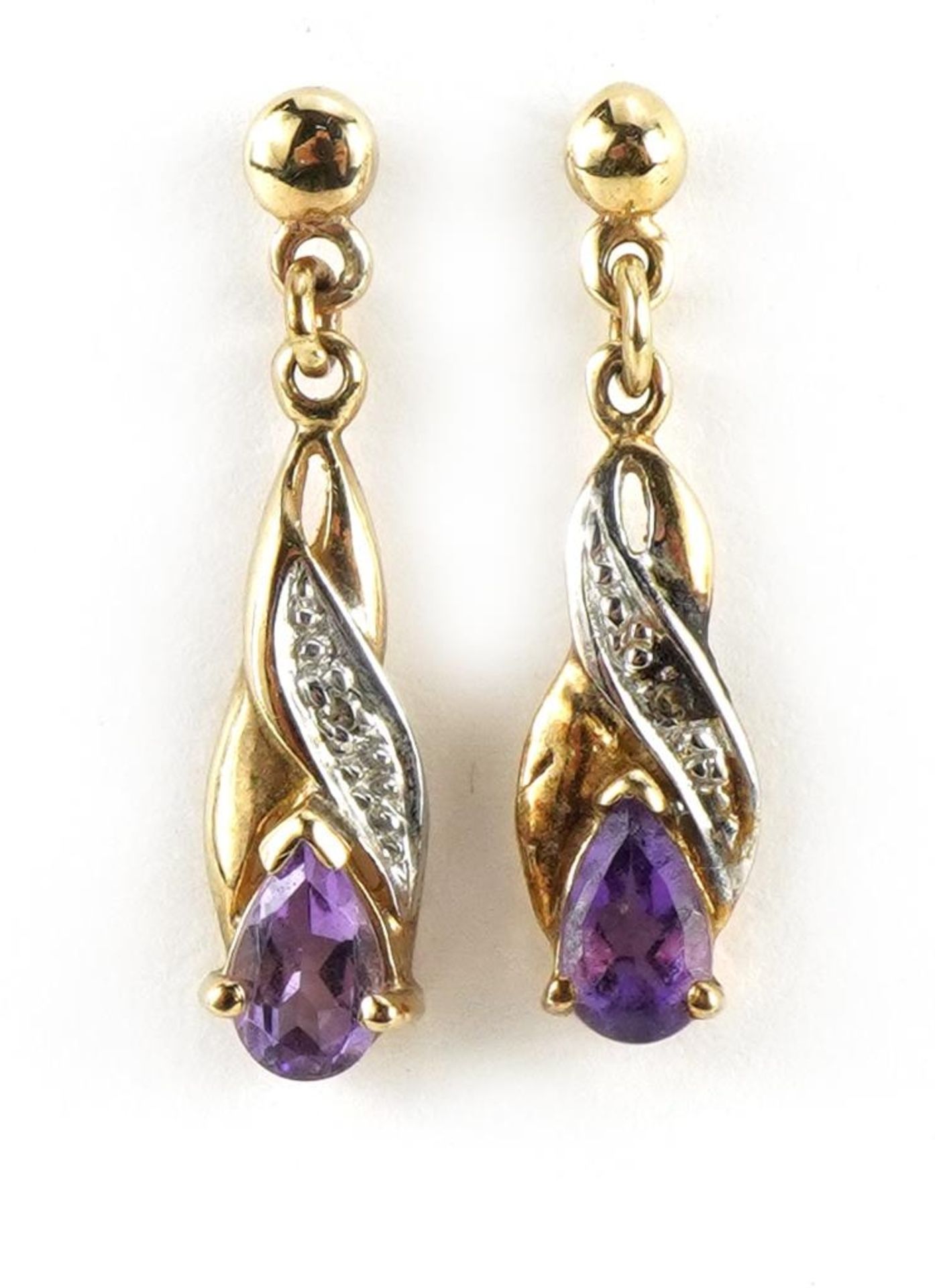 Pair of unmarked gold amethyst and diamond drop earrings, 1.9cm high, 1.1g