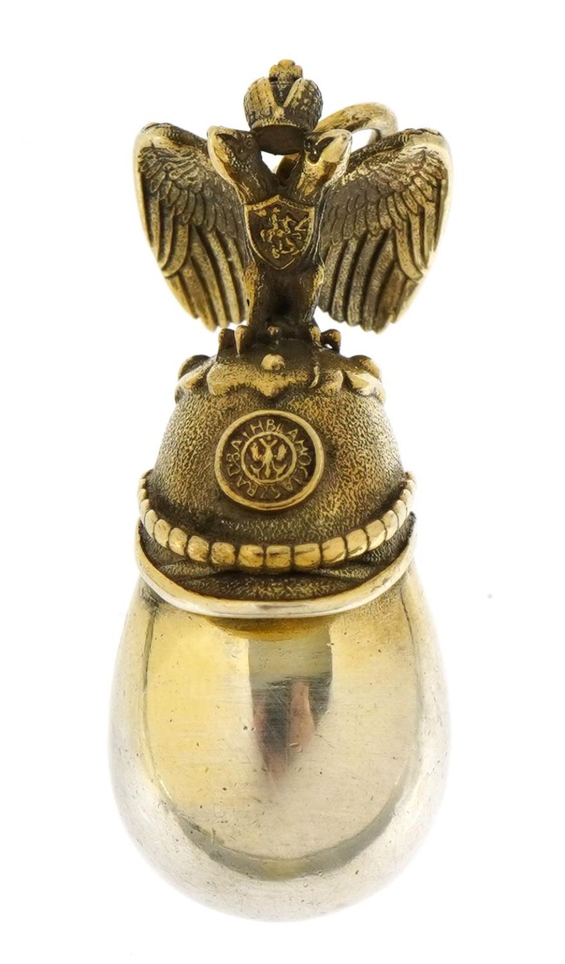 Russian military interest silver egg pendant with helmet and double headed eagle, 3.6cm high, 12.8g