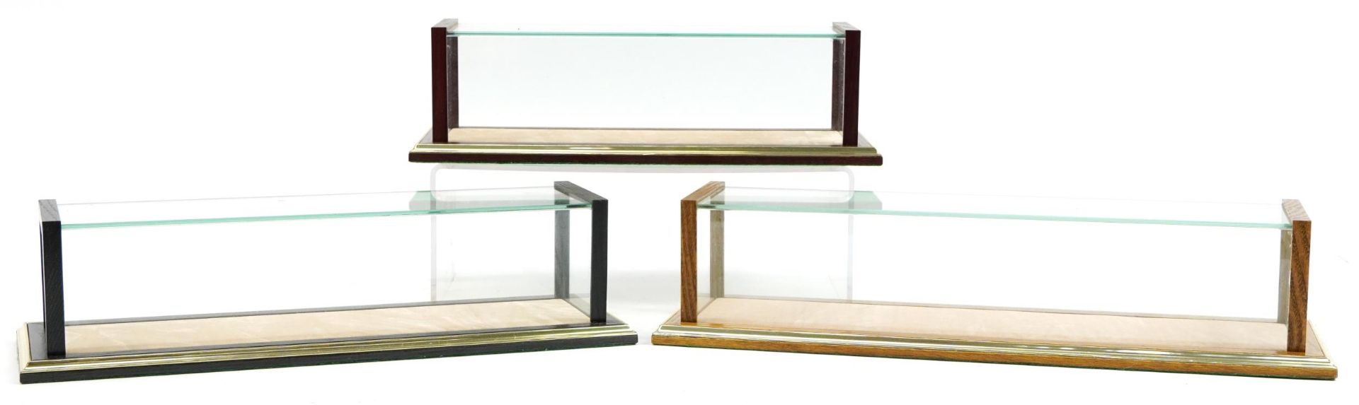 Three wooden and glass collector's model display cases, the largest 43cm in length - Image 2 of 3