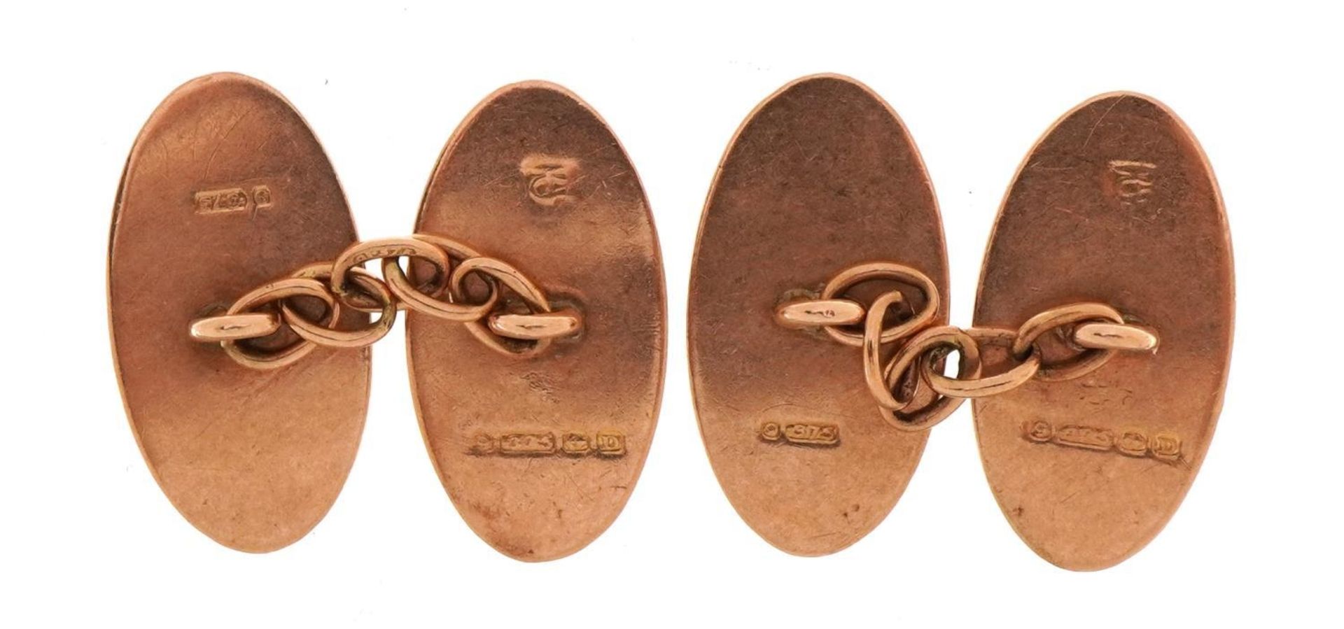 Pair of 9ct rose gold cufflinks with engine turned decoration, 1.9cm wide, 4.1g - Image 2 of 3